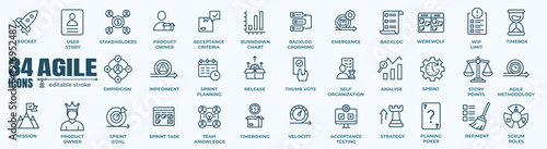 Agile Scrum Methodology Icon Set — Software Development Workflow, Sprint Cycle, Kanban, Project Management Line Vector