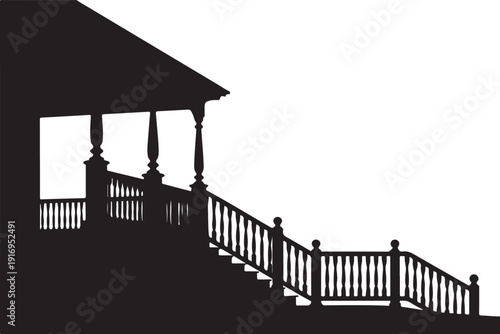Black and white silhouette of a house with a porch and staircase 1