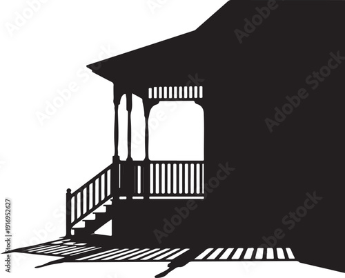 Black and white silhouette of a house with a porch and stairs
