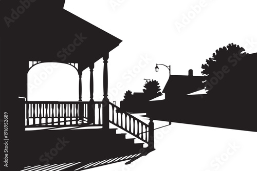 Black and white silhouette of a house with porch and stairs
