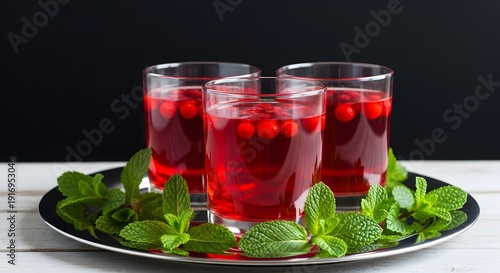 Three glasses of vibrant red cranberry juice with fresh mint leaves and whole cranberries, served on a round metallic tray against a dark background and white wooden surface.