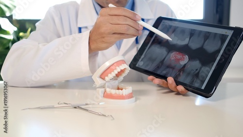 Bilde på lerret Dentist explaining dental x-ray to patient on digital tablet, using a jaw model