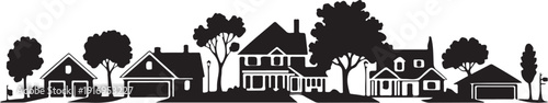 Black and white silhouette of houses and trees in a neighborhood 1
