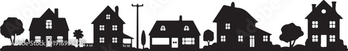 Black and white silhouette of houses and trees in a neighborhood