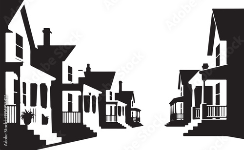 Black and white silhouette of row houses with porches and steps