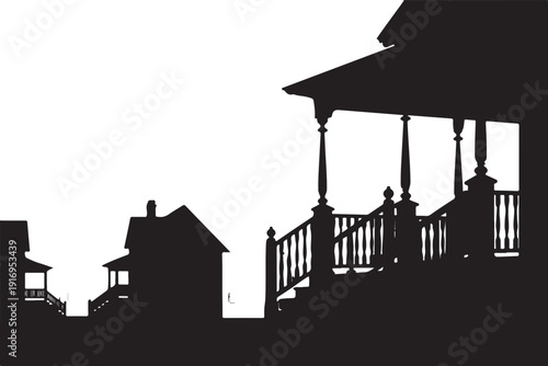 Black and white silhouette of houses with porch and railings