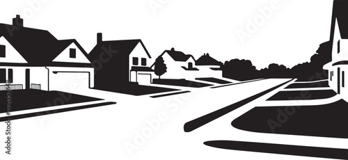 Black and white suburban neighborhood with houses and church