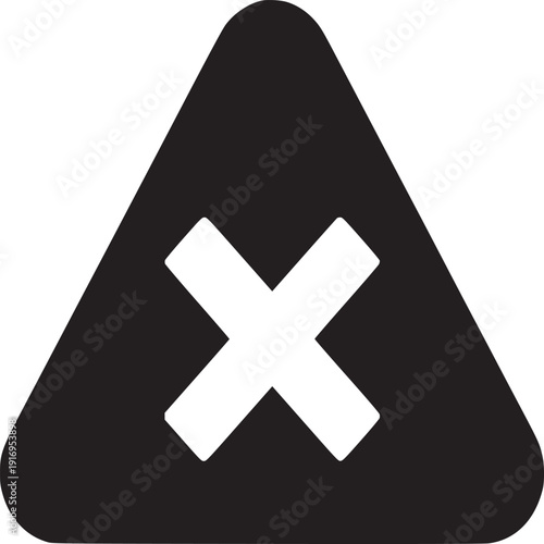 A black triangle with rounded corners containing a white x centered on a white background plain icon