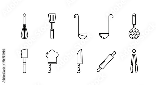 A collection of ten line art illustrations of various kitchen utensils and cooking tools, arranged in two rows.