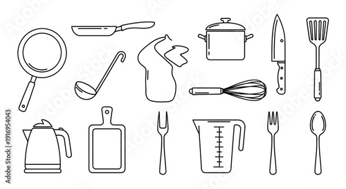 A collection of line art illustrations depicting various kitchen utensils and cooking equipment, presented on a white background.