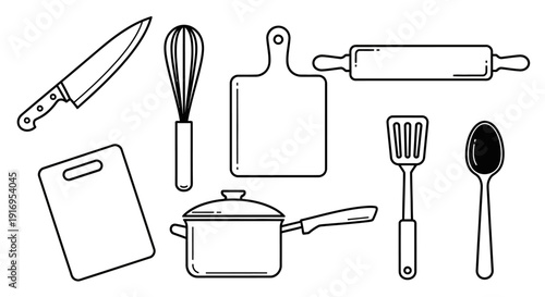 A collection of essential kitchen utensils and cookware, including knives, whisks, cutting boards, rolling pins, spatulas, spoons, and pots, presented in a clean line art style.