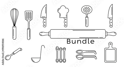 A collection of black and white line art illustrations of various kitchen utensils and baking tools, presented as a bundle.