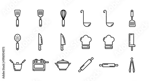 A collection of line art icons representing various kitchen utensils and cooking equipment, presented in a grid layout.