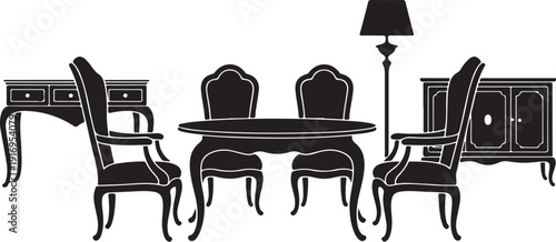 Black antique furniture set with chairs and table