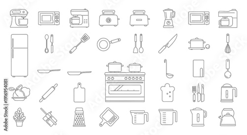 A comprehensive collection of line art illustrations depicting various kitchen appliances, cookware, utensils, and food preparation tools, presented in a grid layout.