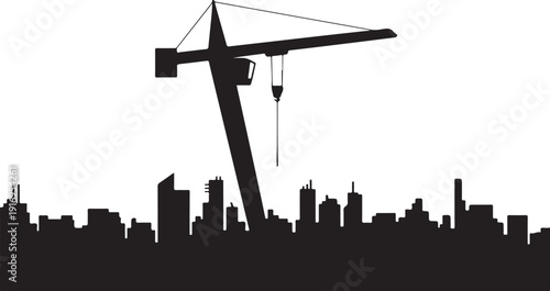 Black crane silhouette over city skyline construction