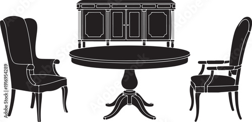 Black dining set with chairs and sideboard in line style