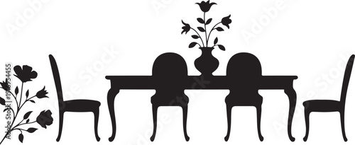 Black Silhouette Dining Table with Chairs and Flower Vase