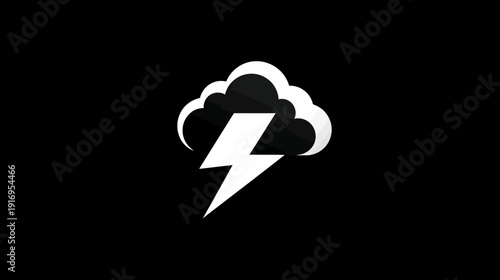 A white cloud icon with a lightning bolt against a black backdrop, simple and iconic design