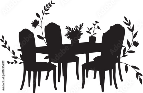Black Silhouette Dining Table with Four Chairs and Plants