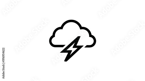 A black and white graphic depicting a cloud and a lightning bolt on a white background