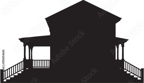 Black silhouette of a house with a porch and railings