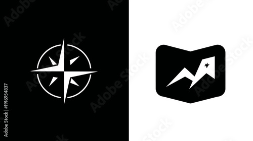 Two symmetrical black and white travel symbols, navigation and destination, each set against contrasting backgrounds