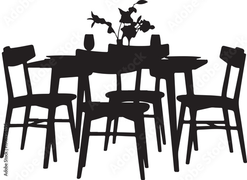 Black Silhouette of Chairs and Table with Plant dining