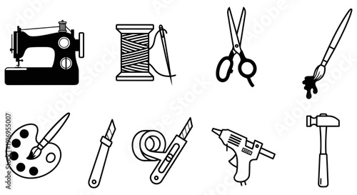 Collection of various tools and equipment for crafts and DIY projects including sewing machine, scissors, and paint palette for creative activities