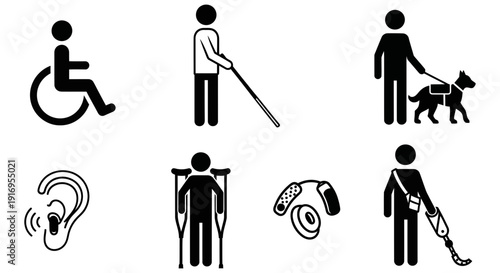 Simple black icons representing various disabilities and assistive tools for accessibility and awareness