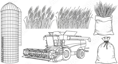 Modern farming illustration showcasing combine harvester and grain storage silo amidst harvested crops and sacks of grain symbolizing agricultural productivity and efficiency.