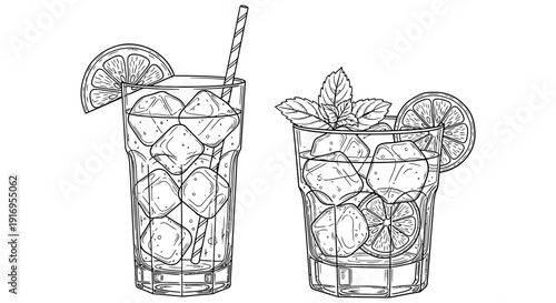 Refreshing cocktails with lime and mint garnishes in glasses with ice and straws perfect for hot summer days and outdoor gatherings