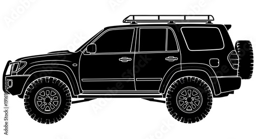 Robust four wheel drive SUV vehicle illustration on a white background showcasing its rugged design features and off road capabilities with detailed line art