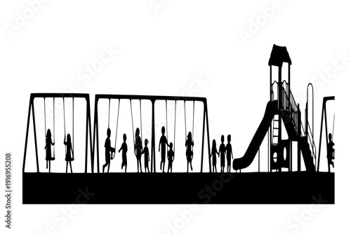 Panoramic Playground and Swing Set Silhouette Vector with Children Playing for Urban Park and School Branding