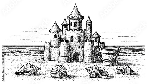 Sandcastle structure with towers and battlements built on the beach with seashells surrounding it amidst a serene landscape