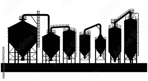 Industrial processing facility with silos and pipes transferring materials between storage tanks in a manufacturing plant