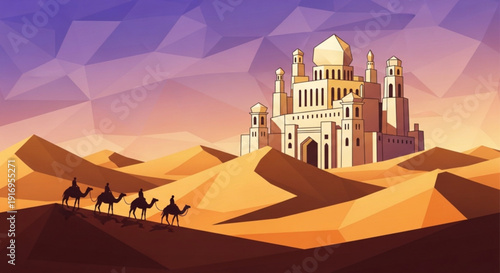 Camels trek across desert landscape towards majestic middle eastern palace at sunset with purple sky