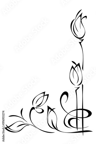 decorative corner ornament with stylized flowers on stems with leaves and curls; graphic design