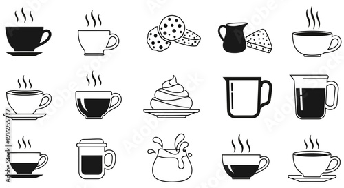 Set of black and white illustrations featuring various tea cups mugs and baked goods on a clean white background for design inspiration.