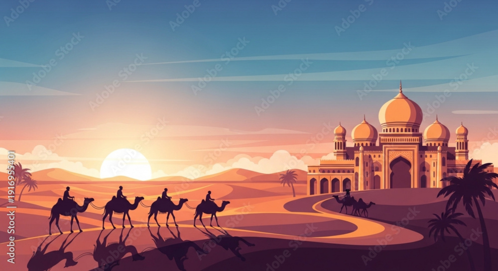 Obraz premium Camel caravan travels through desert landscape towards ancient middle eastern palace at sunset