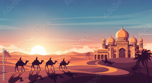 Camel caravan travels through desert landscape towards ancient middle eastern palace at sunset
