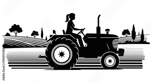 Woman operating tractor in field with trees in the background symbolizing agricultural work and farming activities