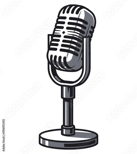 Vintage retro microphone on a stand isolated on a white background symbolizing classic audio recording equipment for music and voice applications