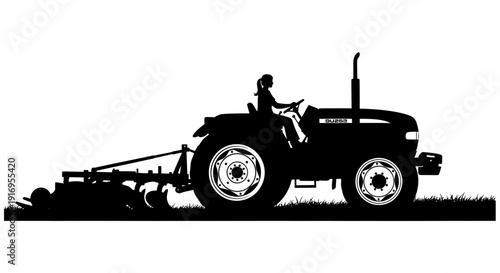 Farmer operating a tractor with a grass cutting attachment on a lawn in a simple black silhouette illustration