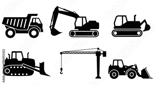 Collection of heavy machinery vehicles including excavator dump truck crane bulldozer and loader for construction and infrastructure projects