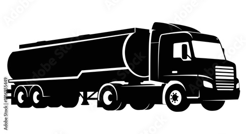 Large black tanker truck with a long cylindrical tank and multiple wheels transporting liquids or gases on a plain white background illustration