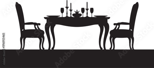 Black Silhouette of Dining Table with Chairs and Wine Glasses