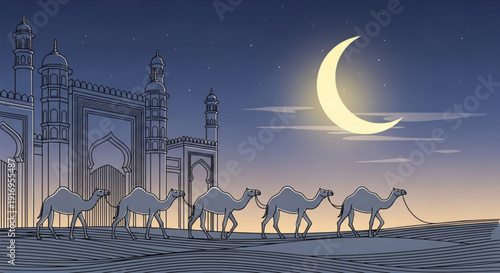 Camels walking in front of a mosque under a crescent moon at dusk with a serene night sky background