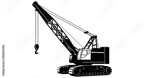 Heavy construction crawler crane machine with tracks and lifting hook on a white background for industrial and building projects