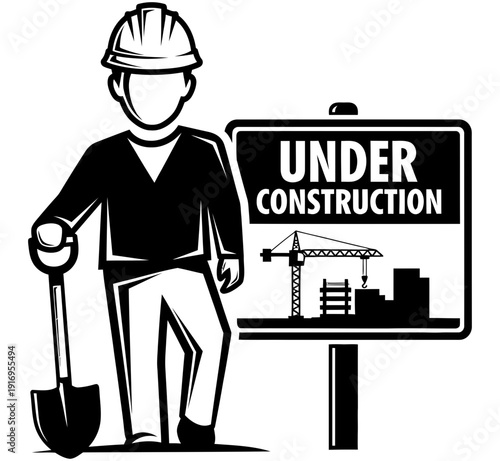 Construction worker standing next to under construction sign with shovel in hand wearing a hard hat and casual clothing